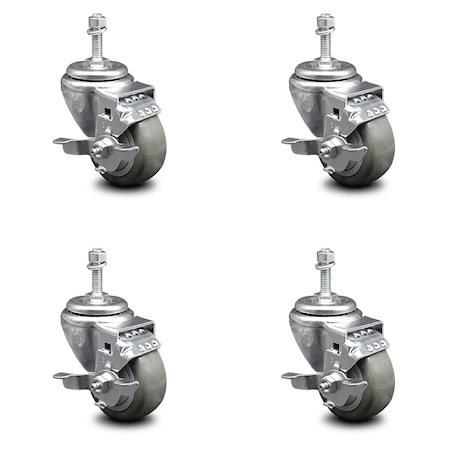 Service Caster 3 Inch Gray Polyurethane Swivel 3/8 Inch Threaded Stem Caster Set with Brake SCC SCC-TS20S314-PPUB-TLB-381615-4